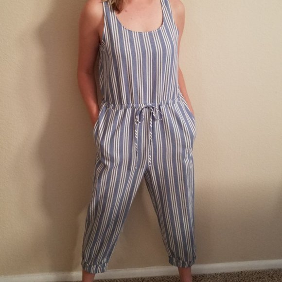 DREW Pants - DREW FOR ANTHROPOLOGIE BLUE STRIPE JUMPSUIT LARGE